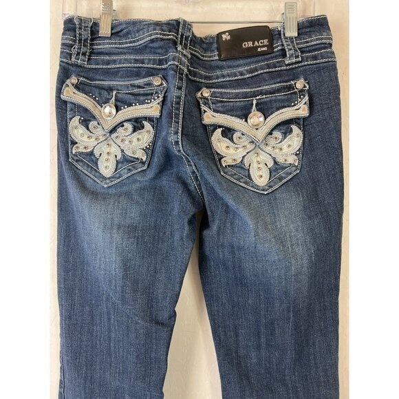 Grace in LA Jeans Sz 9/28 Flare 90s Y2K Low Rise Blinged Out Jeans Flap Pockets - Picture 4 of 9